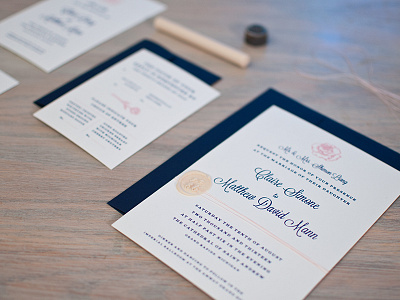 Wedding Invitation Suite cream handmade invitation navy pink screenprint serigraphy wax seal wedding