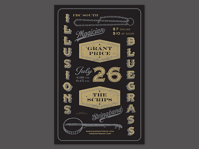 Illusions & Bluegrass - Show Poster banjo bluegrass gig handcuffs illusions magic magician poster typography