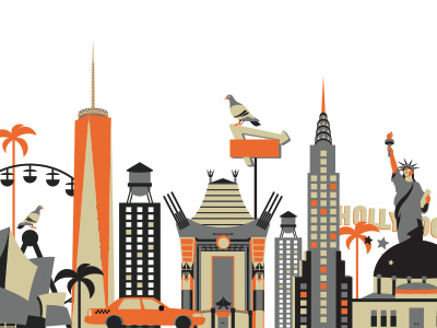 New York > Los Angeles california chrysler building freedom tower graumans chinese theatre hollywood illustration los angeles new york city nyc skyline statue of liberty vector