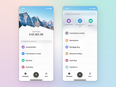 Mobile Banking App - Action panel actions app banking app colorful financial fintech flat design investment ios mobile mobile banking mountains panel sketch transactions ui ux