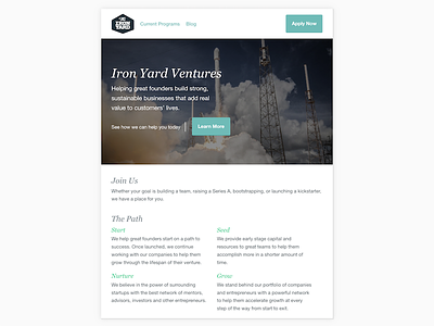 Iron Yard Ventures hero homepage landing page layout simple