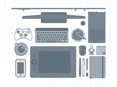 Workspace cigarette desktop illustration lego moleskin notebook tablet top view vector wacom workspace