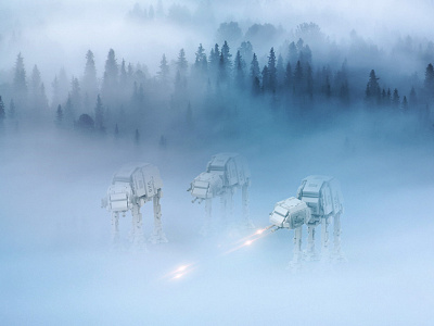 AT-AT walkers in the thick fog at at frozen photo manipulation sci fi star wars walkers winter