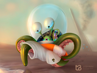 Funny Martian beach character eyes illustration martian octopus