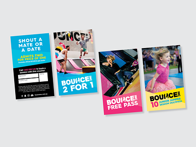 BOUNCE Promotional Passes blue and yellow blue and yellow design business card graphic design movement pink print type