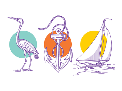 Waterfront anchor beach bird boat branding crane illustration sailboat vector water