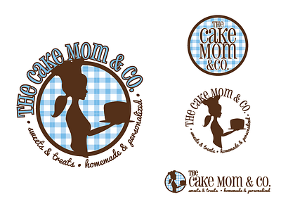 The Cake Mom & Co. Logo with Alternates bakery logo blue brown brown gingham cake logo gingham logo script simple sweet