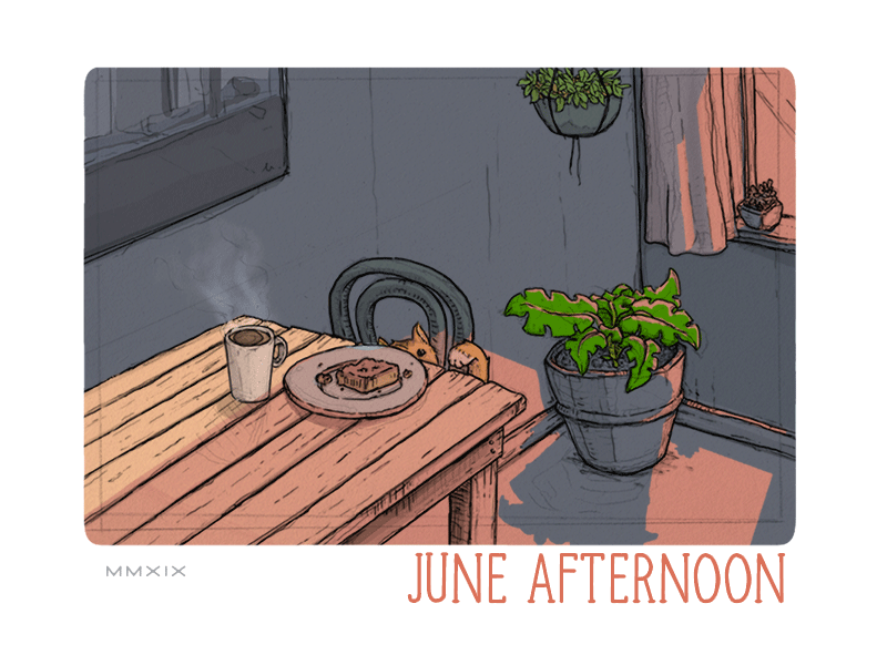 The Daydream Gallery - June afternoon animated gif calendar 2019 calendar design cat cinemagraph coffee daydreaming doodle illustration june quiet room south africa