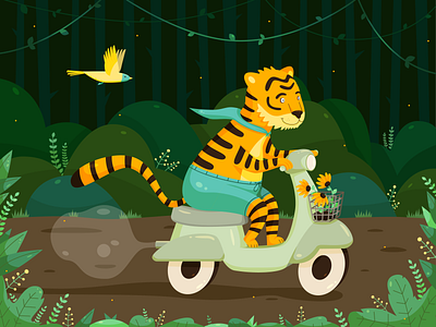 Vroom vroom 2d art characterdesign flat illustration illustration jungle moped tiger tropical leaves vector