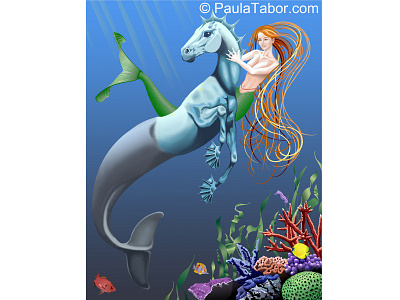 Hippocampus And Mermaid art digital fantasy art illustration mythical creature mythological poster art