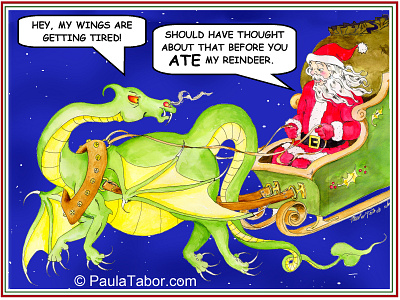 Greedy Dragon cartoon christmas card digital dragon humorous illustration illustration mythical creature santa claus santa clause