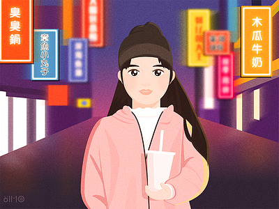 Painting for girlfriend ② girl illustration light market night street taiwan