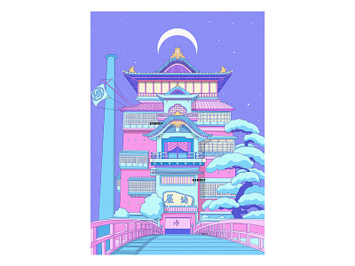 Bath House aesthetic beautiful citypop ghibli illustration japan japanese lofi pastel pink retrowave spirited away synthwave vaporwave