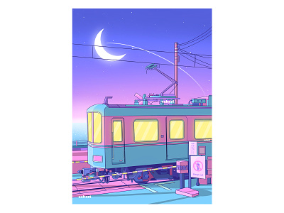 Train Sunset aesthetic anime beautiful chillwave citypop fantasy japanese kawaii kawaii art lofi moon neon pastel illustration pink retrowave sunset synthwave train vaporwave