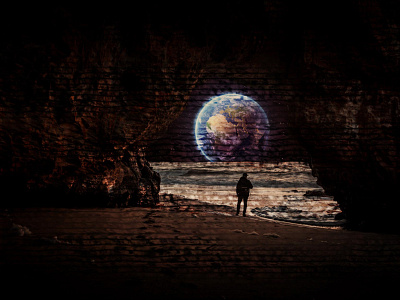 Watching earth from a cave cave design earth man old fashioned old school paper poster