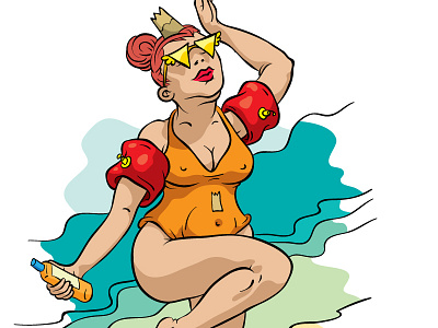 Queen of the Sun arm floats beach character crown heat hot illustration queen sea summer sun sunglasses swimming vector woman