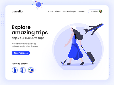 Travelio - Website Landing Page Concept Design 2021 adobe xd clean design figmadesign illustration landing page logo minimal tour site tour website travel website trip site ui uiux user interface vector web website ui website ui ux