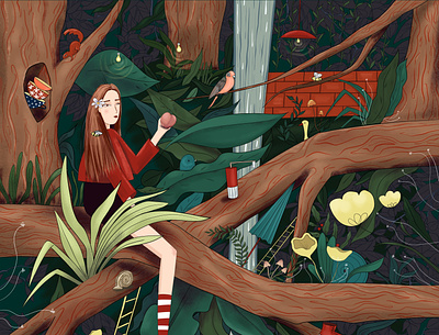 Girl in a mysterious forest bird girl illustration nature procreate