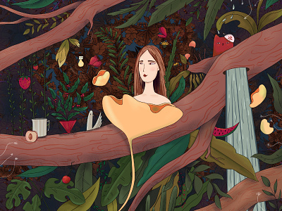 Girl in a mysterious forest bird cat forest girl illustration nature procreate