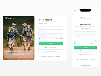 Hikepose Sign Up Web and Mobile Page