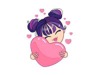 Happy Asian girl hugs a Valentine heart asian avatar cute emoji face gift girl heart icon japan kawaii korean kpop like love smiley sticker userpic valentine vector