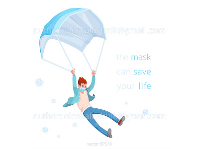 Mask can safe your life. campaign cartoon concept corona coronavirus covid epidemic isolated life man mask medical parachute prevention royalty free safety save vector virus wear