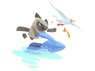 Vector cat chases seagull animal bird cartoon character cat chase extreme grumpy jet ski pet sea scooter seagull siamese