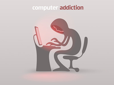 Computer Addiction caricature computer freack geek hacker overuse overworked posture programmer troll user virus