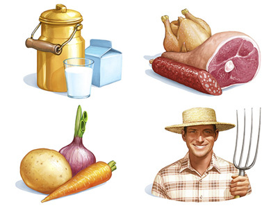 Detailed farm Icons agrarian can crop detailed farmer icons isolated milk natural product sausage vegetables