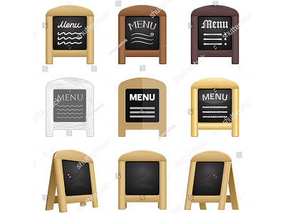 Restaurant blackboard menu icons 3d blackboard chalk menu eatery folding sign icon material design menu restaurant sandwich board set stand