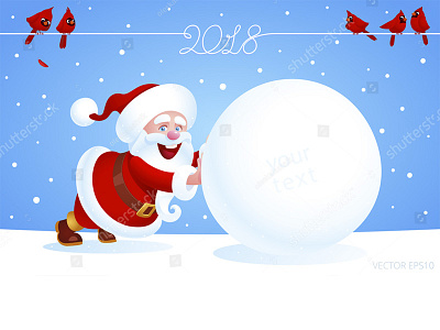 Santa Claus pushes a huge snowball 2018 banner card cardinal christmas claus new year push red bird santa snowball winter