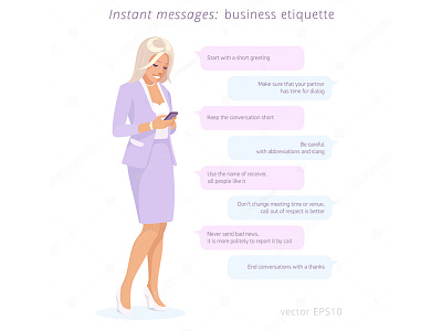 Business etiquette: instant messages business chat etiquette flat girl lady messenger presentation secretary sending sms woman