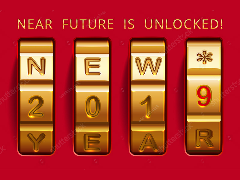 2019 code. Future is unlocked vector protection safe future combination greeting luxury red gold case lock christmas icon banner concept code year new happy 2019