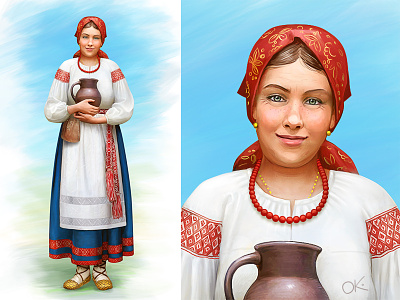 Russian medieval peasant woman apron cg character concept cook culture decorated dress folk girl headscarf hictoric medieval painting peasant russian slavic standing traditional woman