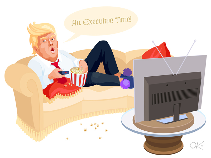 Executive Time! america american busy caricature donald executive laziness lazy leader lying political popcorn portrait president relax time trump united states usa vector