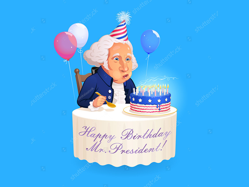 Old Birthday Boy. Vector image for the President's Day. cartoon blue usa american birthday candles blow out birthday cake calligraphic round table air balloons birthday hat president presidents day sticker caricature portrait man birthday vector george washington