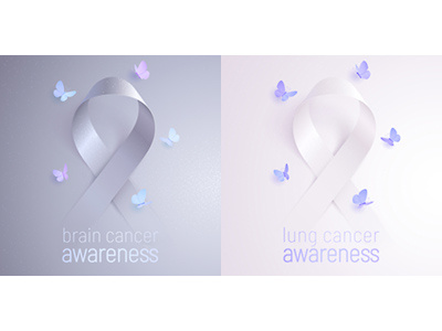 Ribbons of awareness: brain and lung cancer awareness badge banner brain butterfly cancer design gray icon lung month poster realistic ribbon sticker survivor tumor vector volunteer white