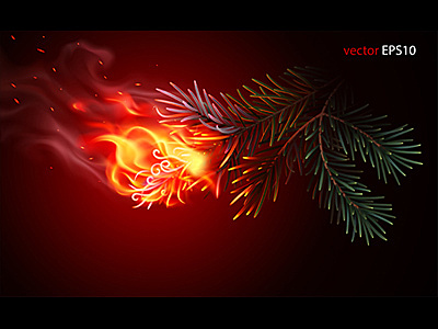 Wildfire is beginning. Realistic vector illustration branch burning cedar concept deforestation disaster fir fire flame forest gradient mesh illustration needles pine poster realistic siberia twig vector wildfire