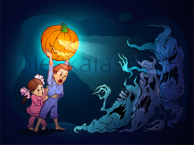 Get away from my sister, f**king nightmares! apparition caricature children exorcism ghost halloween happy end illustration jack jack o lantern kids lantern monster nightmare painting pumpkin save scarecrow scary vector