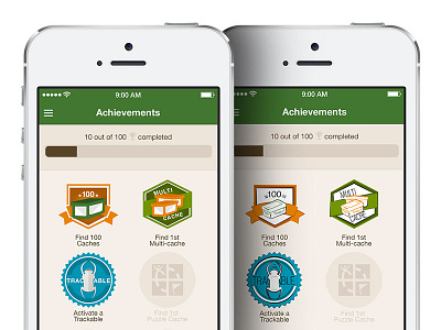 Achievements Screen Concept achievements badges gamification gps illustrations ios mobile design outdoors