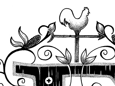 E Monogram chicken corn farm illustration ink monogram stipple typography
