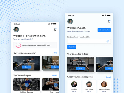 Nasium App (Trainer & Trainee Home Page) android app design design fitness app gym app health app ios app design minimal mobile app design mobile ui shots sleek ui ui design uidesign uxdesign workout app