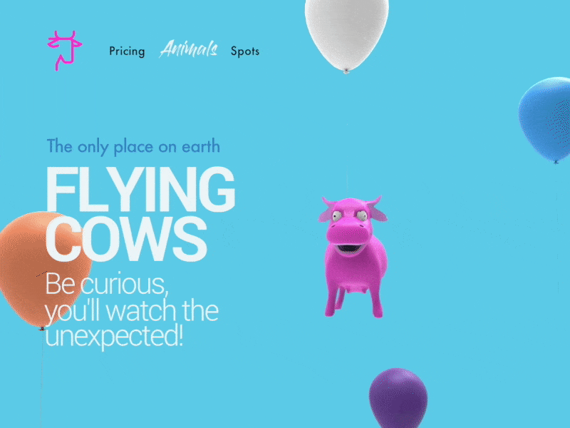 Flying Cow // Be curious, fun facts for web. 3d 3d animation 3d art animal art animation concept design icon illustration illustrator loading animation logo minimal typography ui ux web website