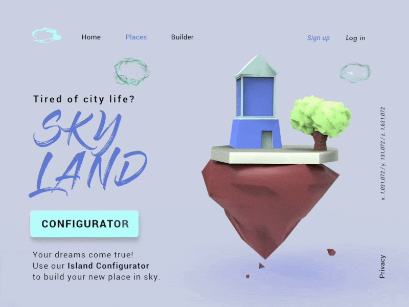 Skyland website // Landing page to build your own island. isometric landing page island illustrator loading animation ux website ui logo typography illustration vector web design 3d art animation 3d animation 3d
