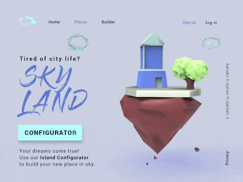 Skyland website // Landing page to build your own island. 3d 3d animation 3d art animation design illustration illustrator island isometric landing page loading animation logo typography ui ux vector web website