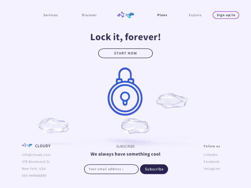 Cloudy // Web landing page for a blockchain data storage_Footer 3d 3d animation 3d art animation blockchain call to action data design icon landing page loading animation logo platform privacy policy storage subscription ui ux web website