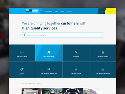 Homepage with search and categories business car design flat homepage icons inspiration mechanic responsive service web wip