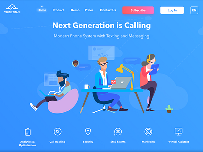 Landing Page for "Voice Titan" call service branding call service client design flat graphic design icon illustration landing page landing page ui logo office ui vector