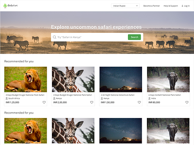 Explore Safari Experiences ecommerce product card safari search bar website