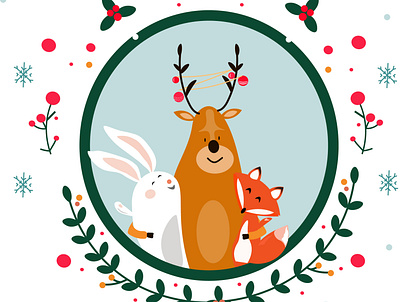 holiday together beavers deer fluffy hare horns illustration new year decorations snowflakes ui иллюстрация